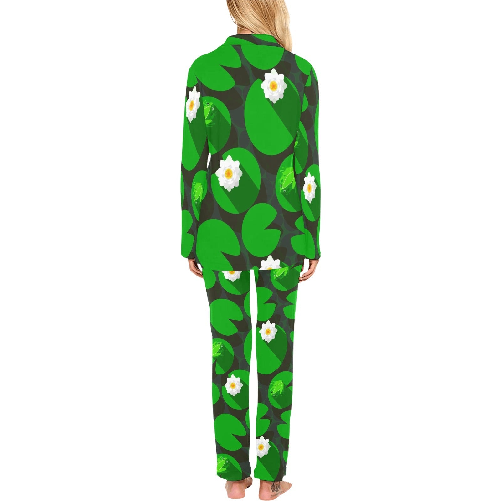Frog waterlily pattern Women's Long Pajama Set